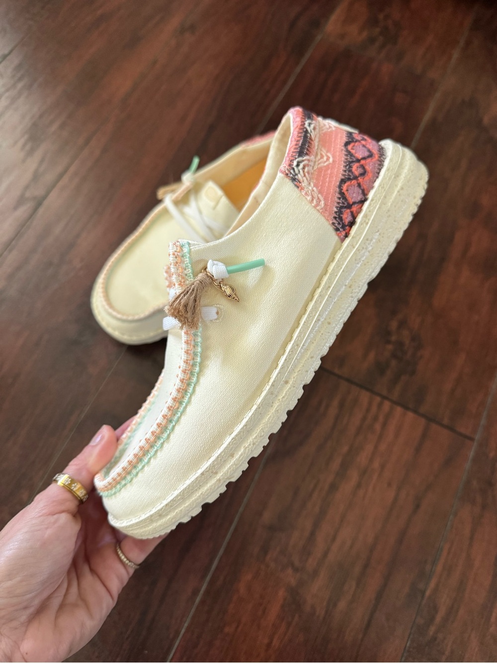 Hey Dude Cream Canvas Slip-Ons with Coral Heel and Mint Trim - Picture 4 of 6